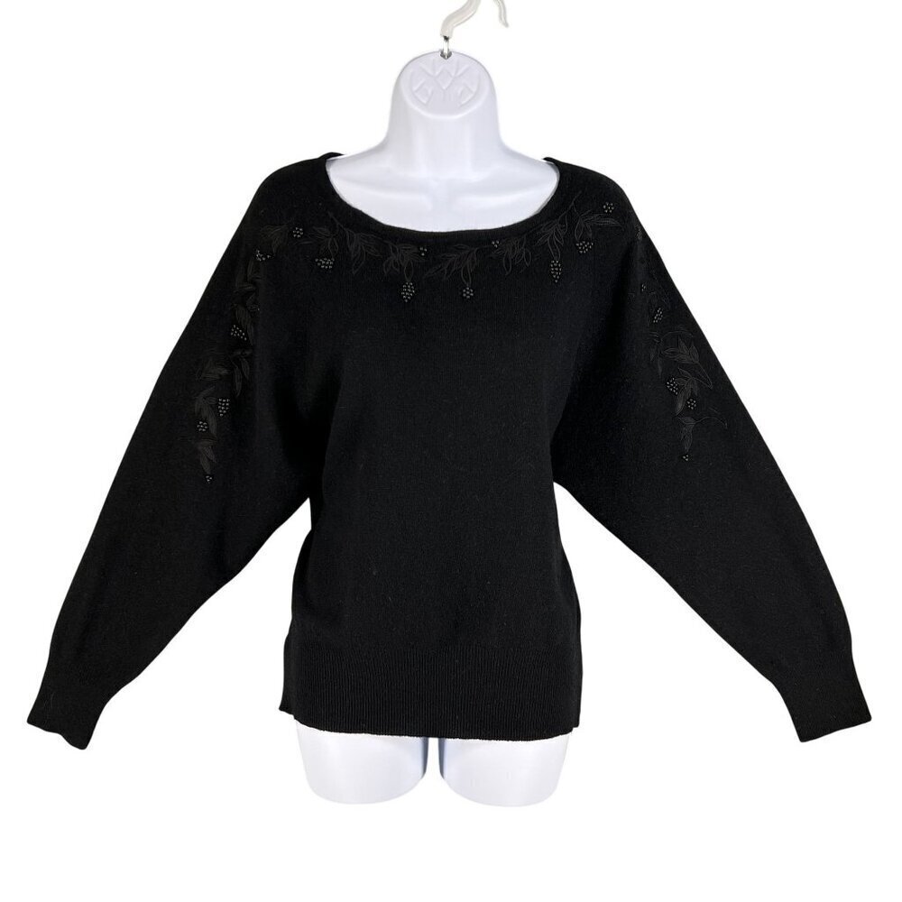 Robert Scott Women L Black Embroidered Beaded Lambswool Angora Sweater Fairygoth